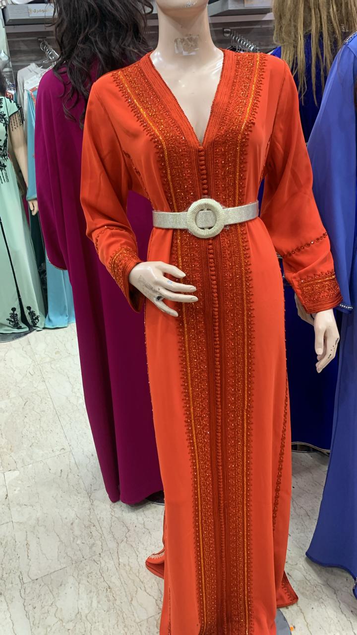 Moroccan Caftan, Beaded with Double Slits, Sunset Orange